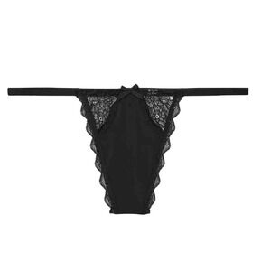 Victoria's Secret Dream Angels V-String Thong Panty sz Small Black Lace Trim Bow